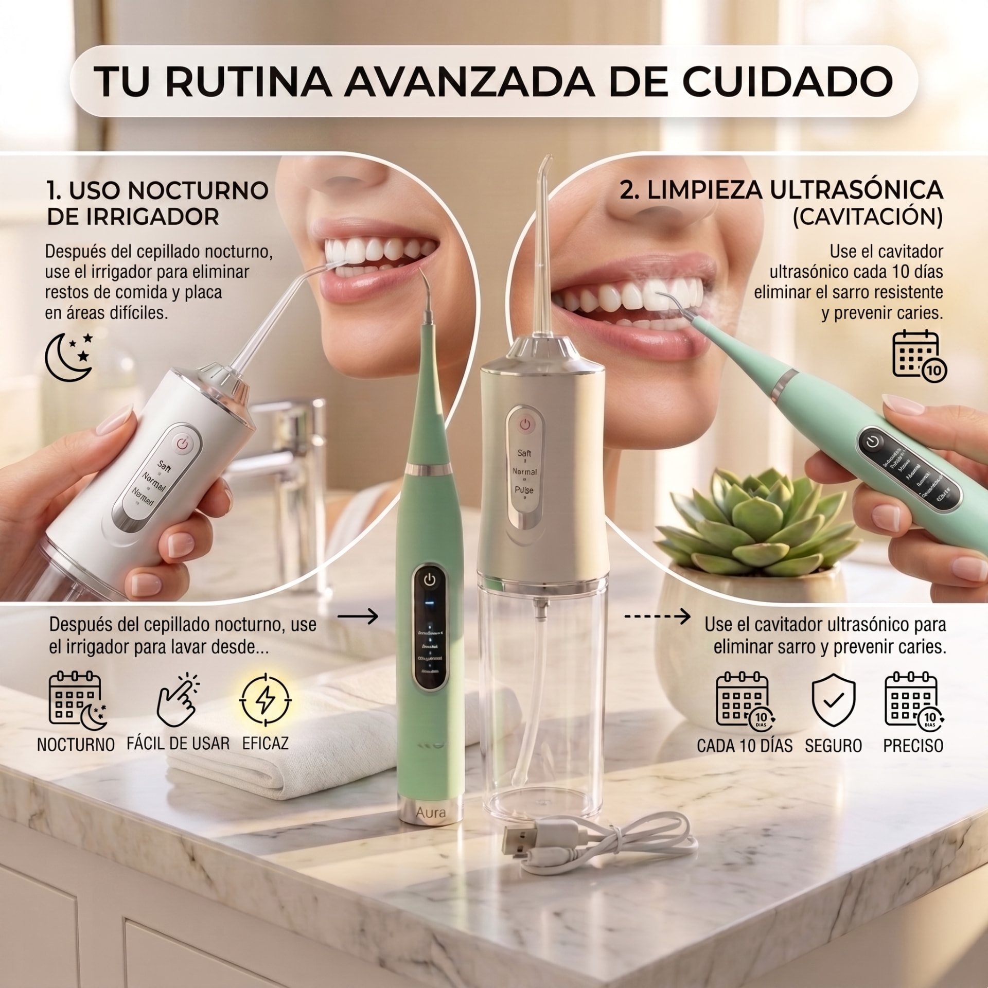 Rutina avanzada de cuidado: irrigador y limpieza ultrasónica